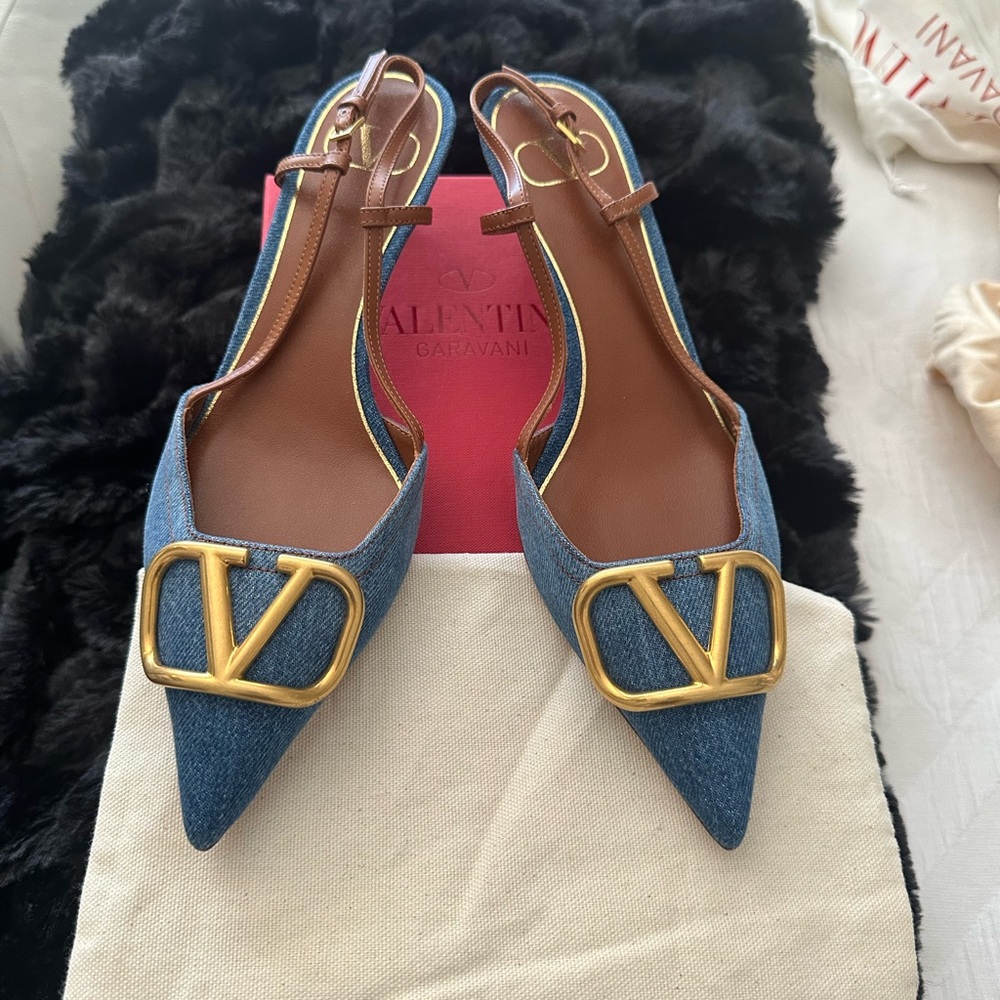 Valentino Garavani Blue Denim Heels with Gold Accents